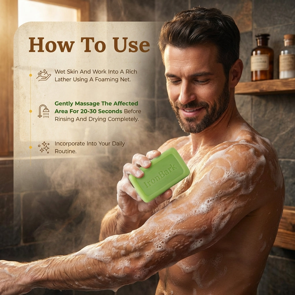 NAIA Ironbark Antifungal Soap Bar for Men, featuring natural ingredients and a sturdy soap shape, designed for men's skin care.