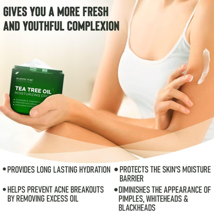 NAIA Tea Tree Daily Shield Cream jar showing the white cream inside, designed for daily skincare with tea tree extract.