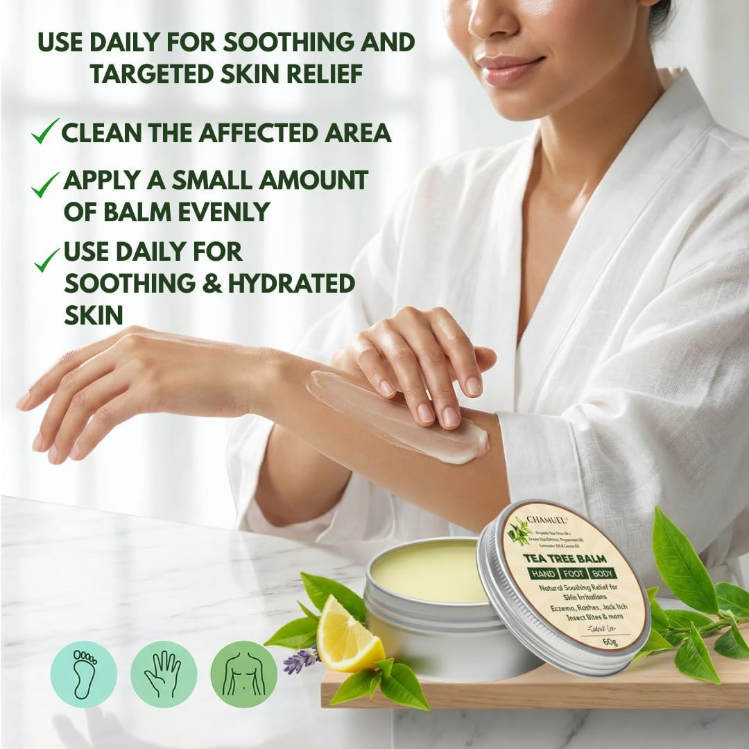 NAIA Fortress Tea Tree Balm jar with green label and silver lid, close-up of the natural skincare product on a white background.
