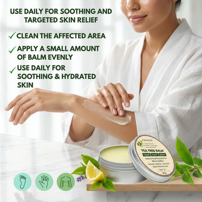 NAIA Fortress Tea Tree Balm jar with green label and silver lid, close-up of the natural skincare product on a white background.