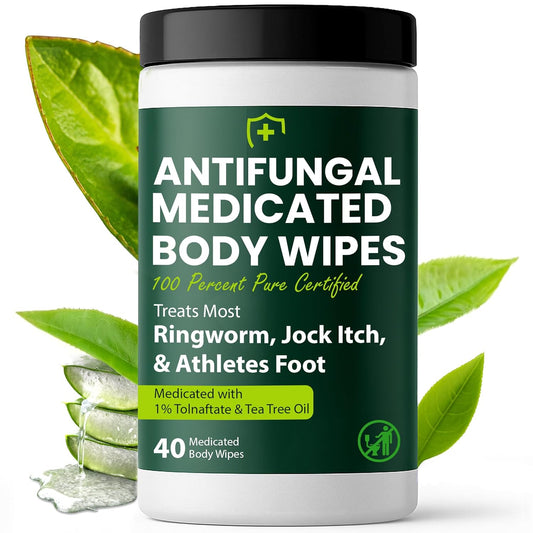 NAIA antifungal medicated body wipes shown, with packaging and wipes visible, designed for skin fungal infection relief.