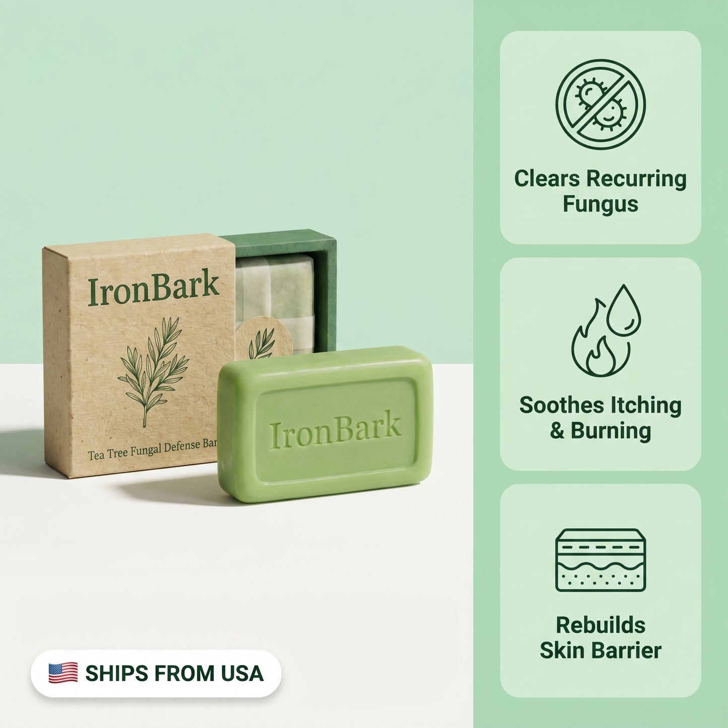 NAIA Ironbark Tea Tree Antifungal Bar displaying its packaging, designed to deeply clear fungal infections and promote skin balance.