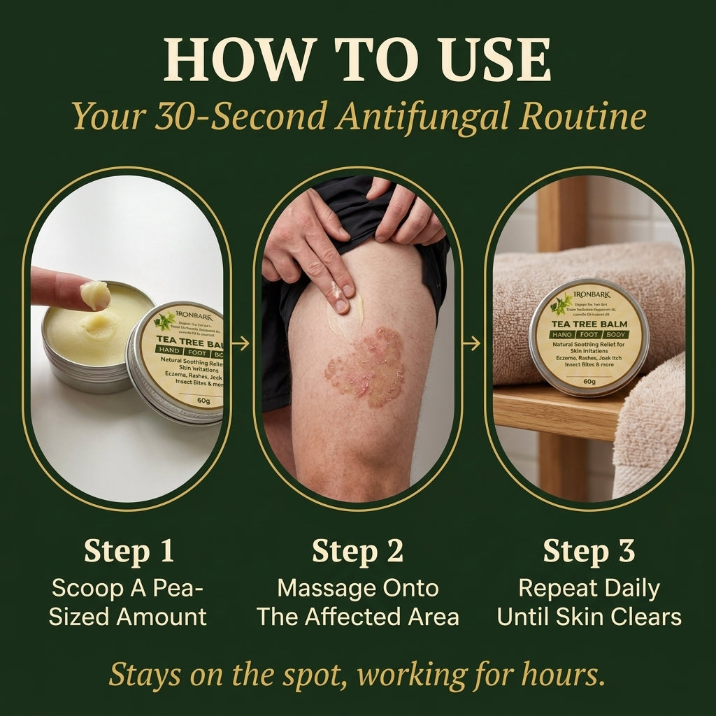 NAIA IronBark Tea Tree Balm jar with application instructions for fungal infection treatment and skin restoration.