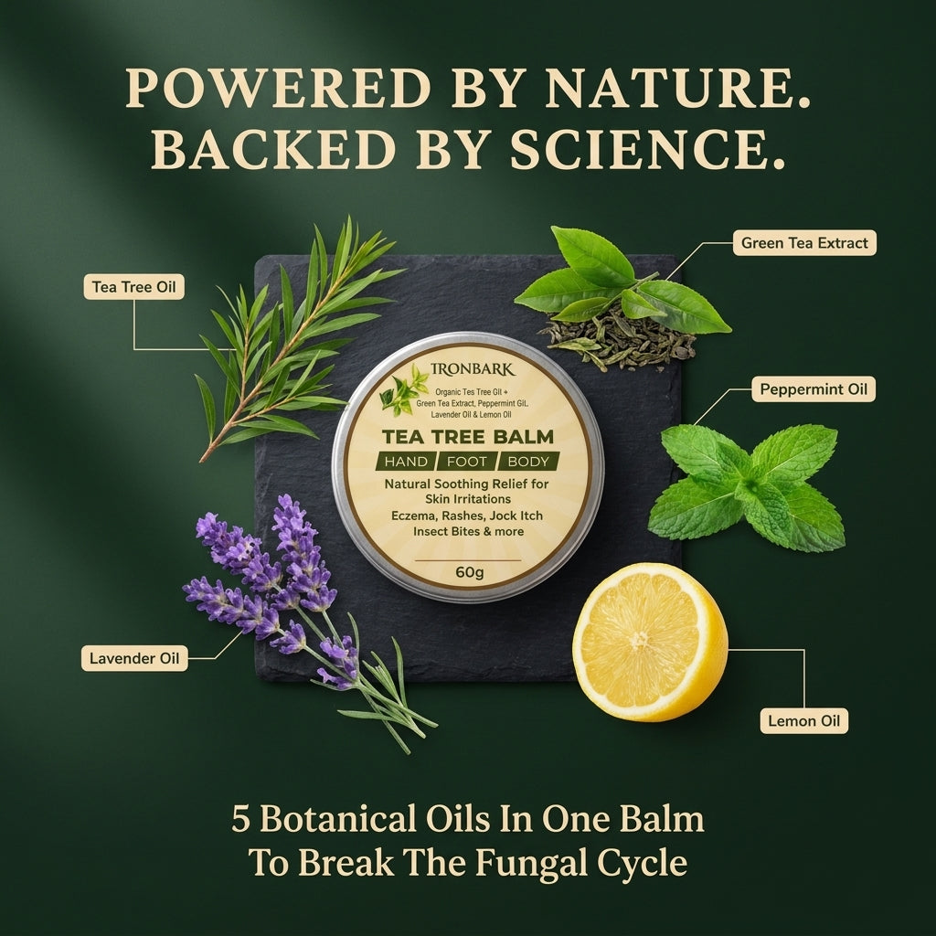 NAIA IronBark Tea Tree Balm with botanical ingredients, showing a flat lay of natural plant extracts and skincare balm.