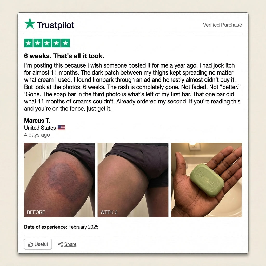 NAIA Ironbark Antifungal Soap Bar with natural ingredients, showing the soap's textured surface and packaging.