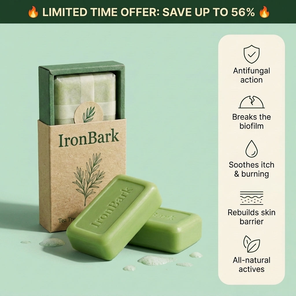 NAIA Ironbark Tea Tree Natural Antifungal Bar with tea tree leaves and herbal ingredients, highlighting its natural antifungal properties.