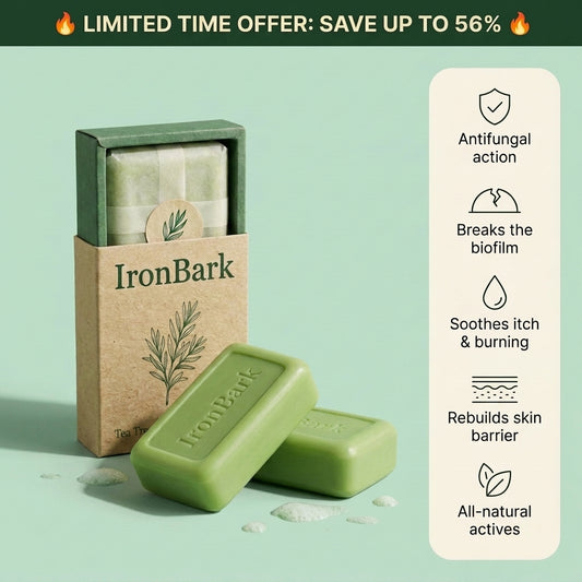 NAIA Ironbark Tea Tree Natural Antifungal Bar with tea tree leaves and herbal ingredients, highlighting its natural antifungal properties.