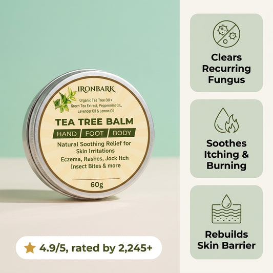 NAIA IronBark Tea Tree Balm tube with label, showcasing natural ingredients for fungal infection relief and skin restoration.