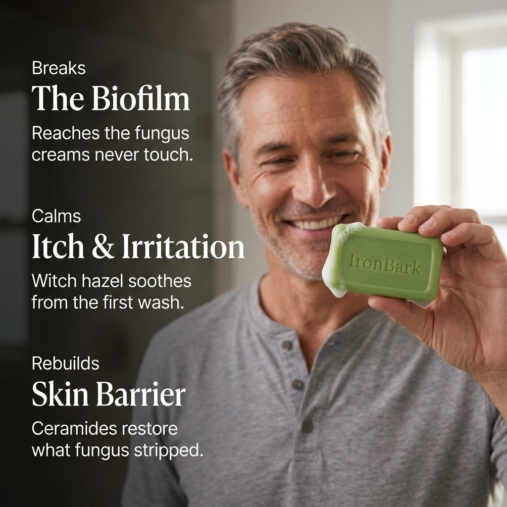 Man holding NAIA Ironbark Tea Tree Natural Antifungal Bar soap, showcasing the soap's natural ingredients and packaging.