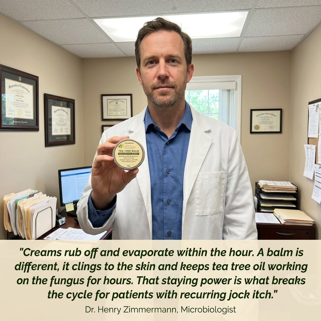 Man holding NAIA IronBark Tea Tree Balm, a natural remedy for fungal infection and skin restoration.