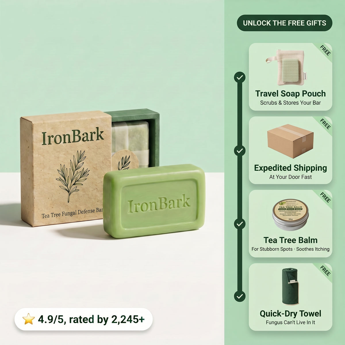 NAIA Ironbark Tea Tree Antifungal Bar with soap and packaging, designed to clear fungal infections and support skin restoration.