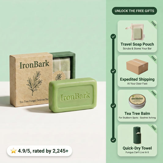 NAIA Ironbark Tea Tree Antifungal Bar with soap and packaging, designed to clear fungal infections and support skin restoration.