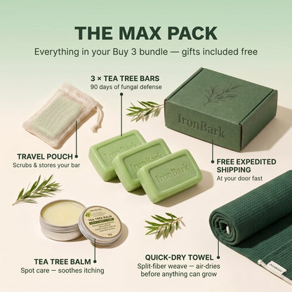 NAIA Ironbark Tea Tree antifungal soap bar with red packaging, designed for deep fungal infection clearance and skin restoration.