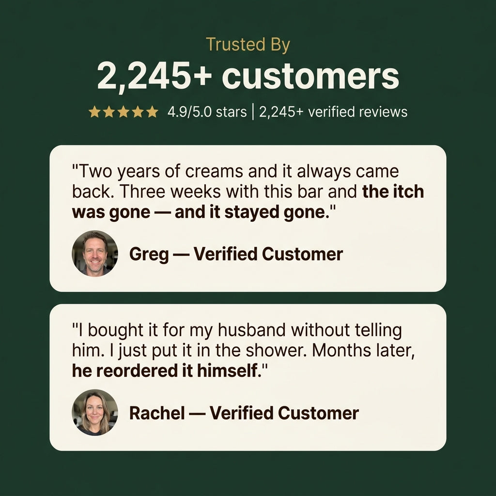 Customer reviews for NAIA Ironbark Tea Tree Natural Antifungal Bar on social proof card showing positive feedback.