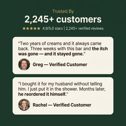 Customer reviews for NAIA Ironbark Tea Tree Natural Antifungal Bar on social proof card showing positive feedback.