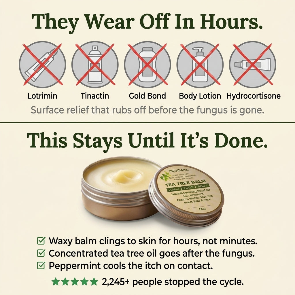 NAIA IronBark Tea Tree Balm for fungal infection relief and skin restoration, showing skin before and after treatment.