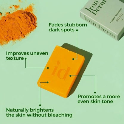 NAIA Turmeric Fade & Glow Bar soap with bright yellow turmeric and natural ingredients, showcasing its sleek packaging and product details
