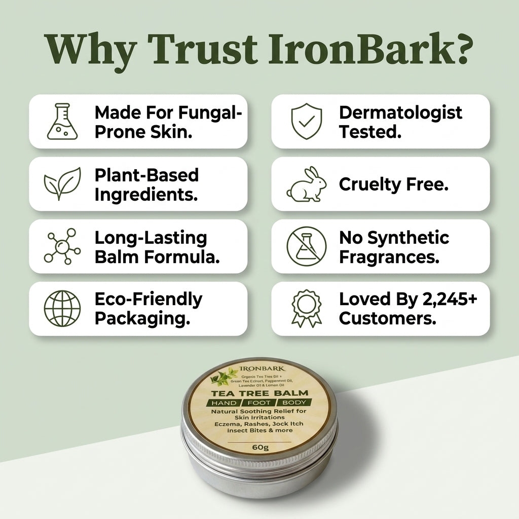 NAIA IronBark Tea Tree Balm logo with trust badges, highlighting natural fungal infection treatment and skin restoration benefits.