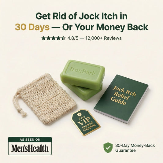 NAIA Jock Itch Relief Bundle with two soaps and three free gifts, featuring natural ingredients for soothing skin care.