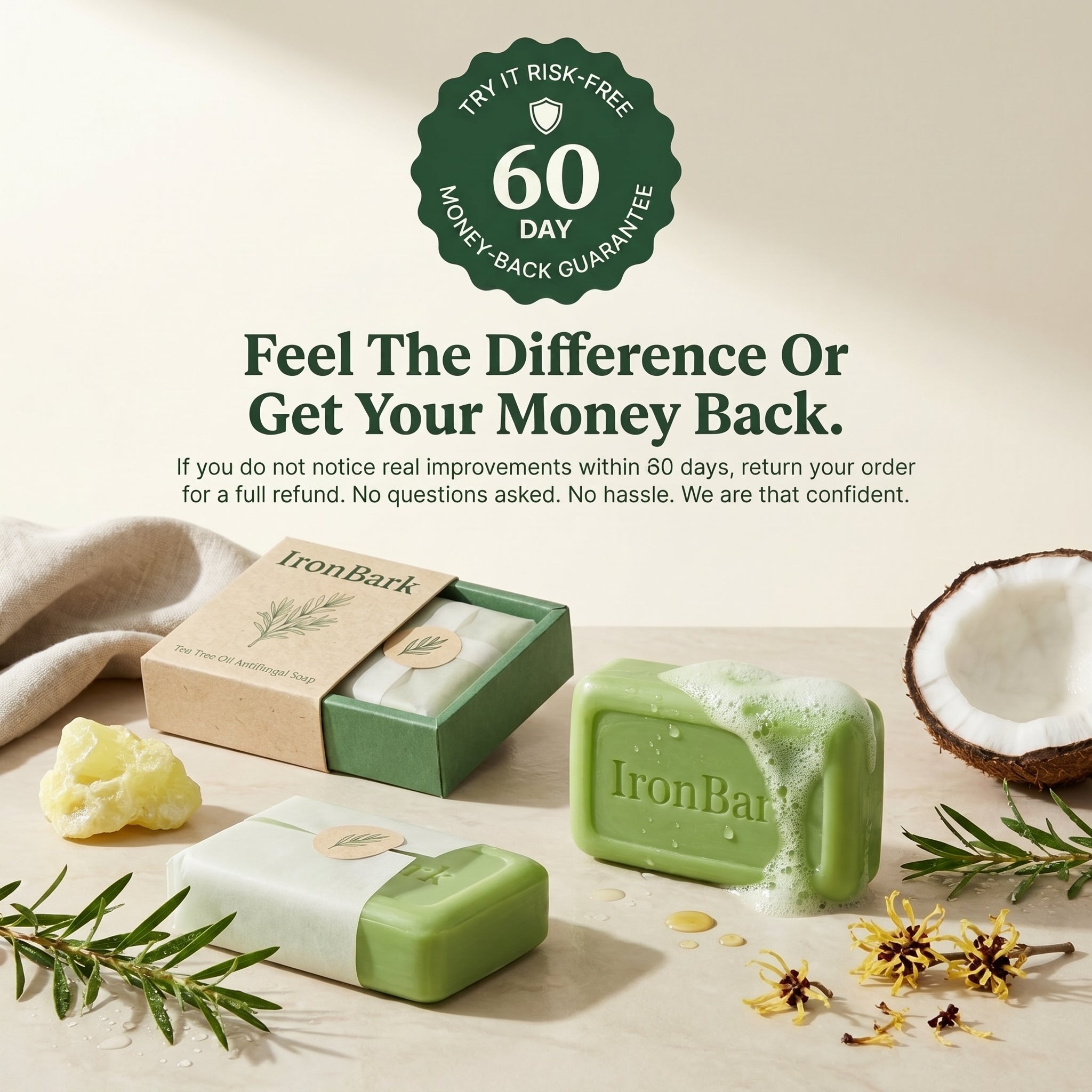 NAIA Ironbark Tea Tree Antifungal Bar showing the soap with natural ingredients for fungal infection relief and skin balance.