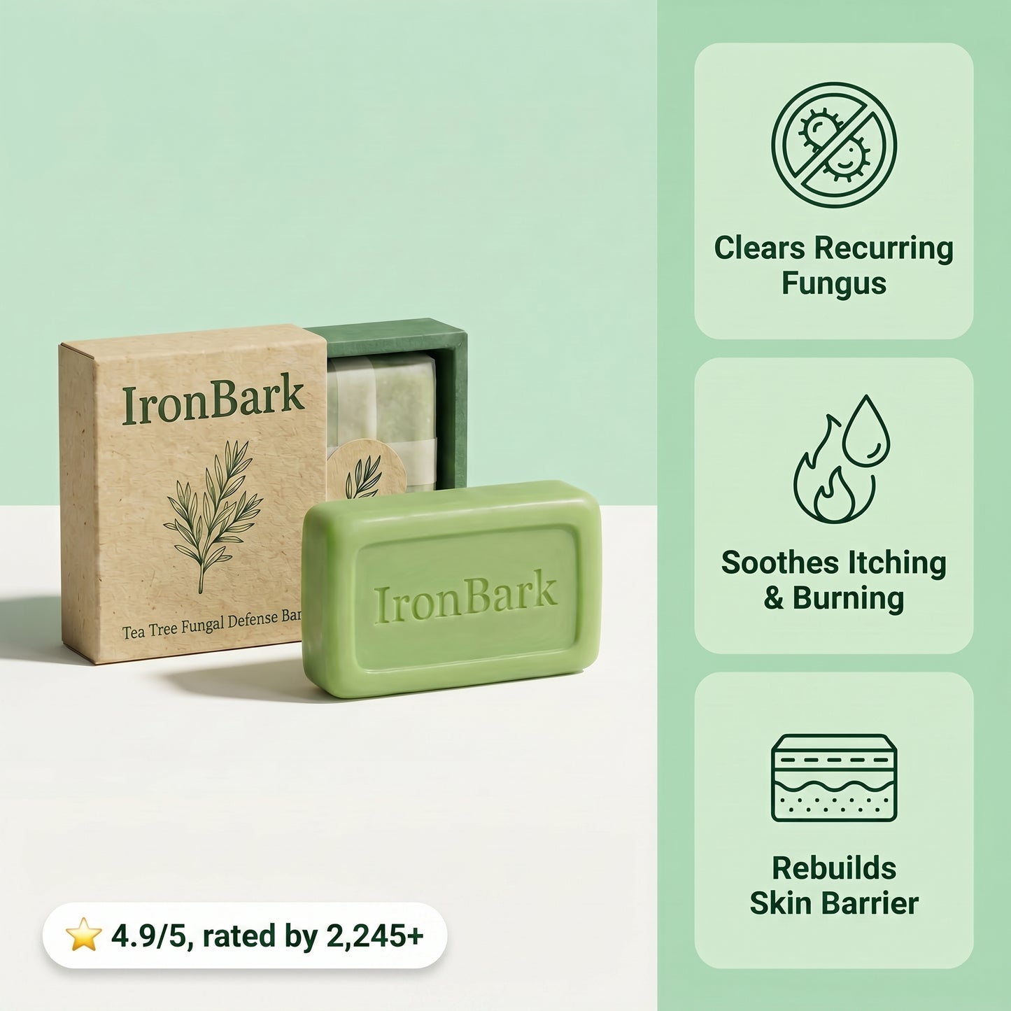NAIA Ironbark Tea Tree Antifungal Bar showing the soap with tea tree leaves, designed to clear fungal infections and balance skin.