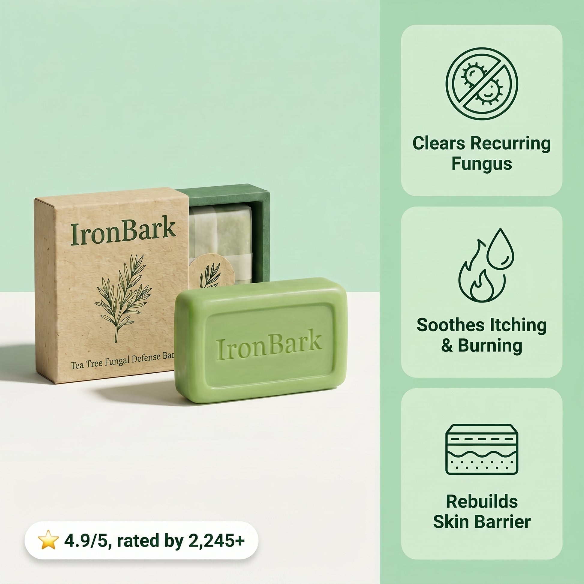 NAIA Ironbark Tea Tree Antifungal Bar showing the soap with tea tree leaves, designed to clear fungal infections and balance skin.