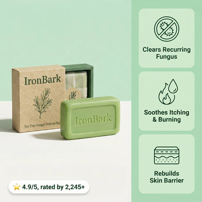 NAIA Ironbark Tea Tree Antifungal Bar showing the soap with tea tree leaves, designed to clear fungal infections and balance skin.
