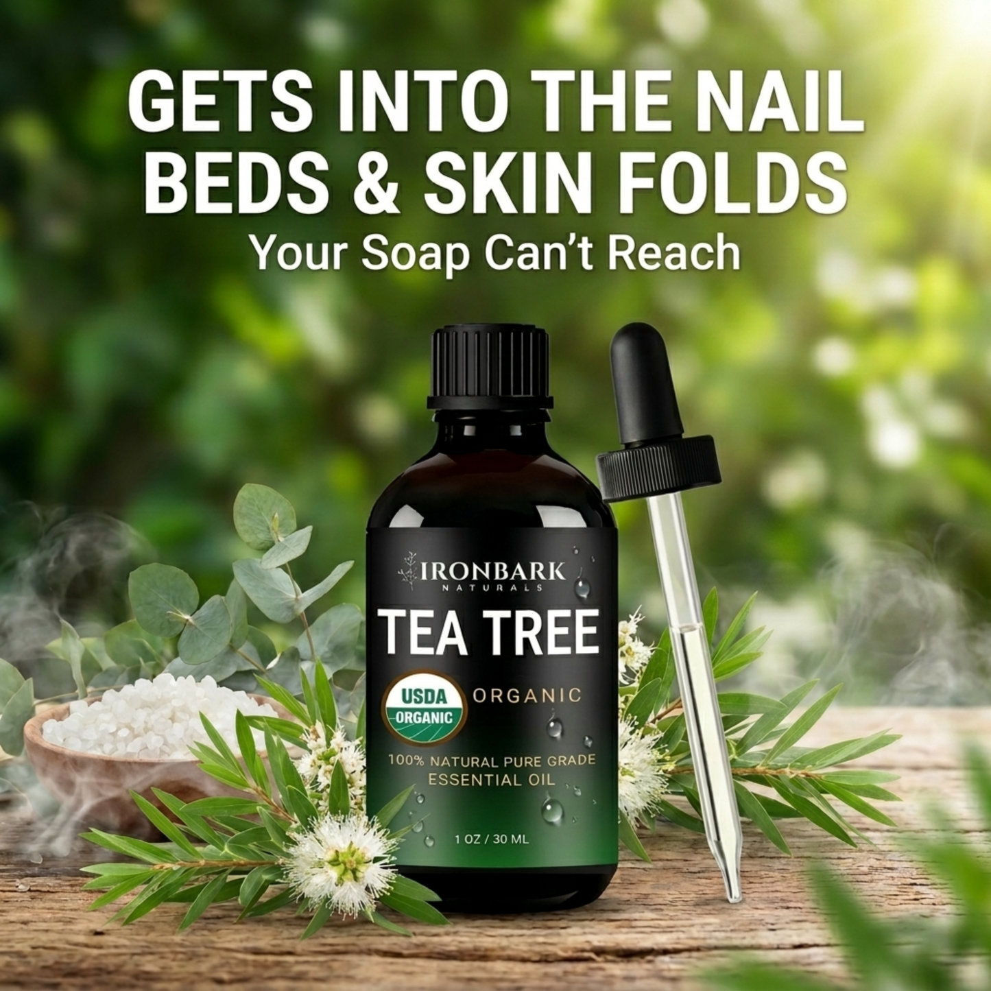 NAIA Tea Tree Root Out Drops bottle with dropper, natural herbal remedy for skin and scalp care, in a clear container.