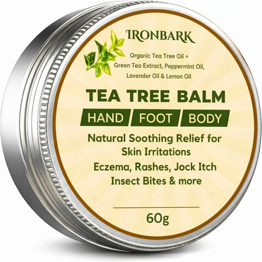 NAIA Fortress Tea Tree Balm jar with label, showing the natural skincare product for skin soothing and antibacterial care.