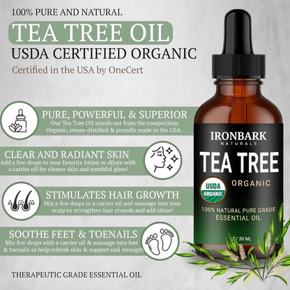 NAIA Tea Tree Root Out Drops bottle with dropper cap, natural herbal remedy for scalp and hair care in a clear plastic container.