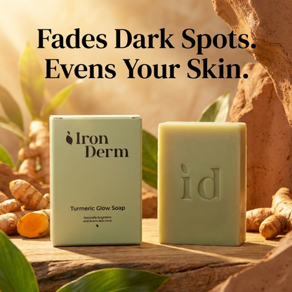 NAIA Turmeric Fade & Glow Bar with natural turmeric and glow-enhancing ingredients, shown with the soap bar and fresh turmeric root.