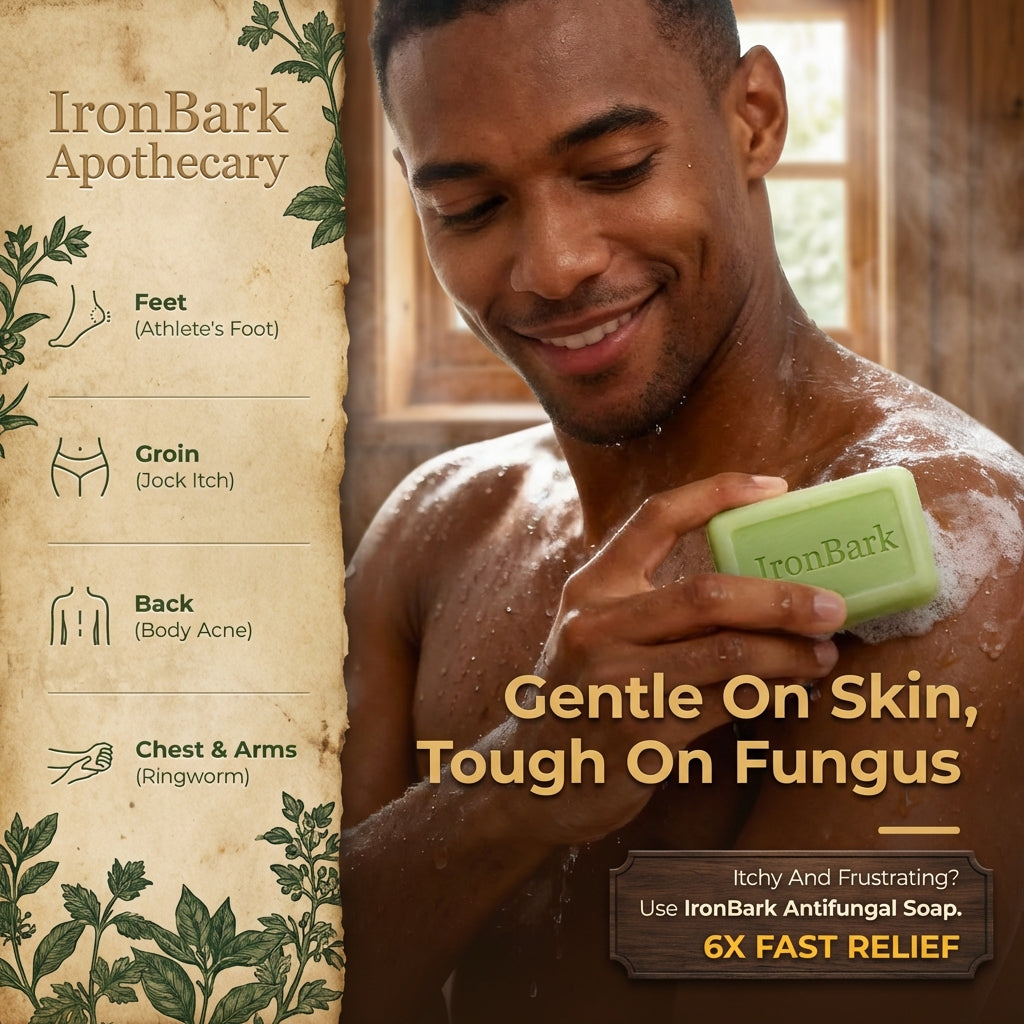 Ironbark Antifungal Soap Bar for Men by NAIA, shown in packaging with the soap bar and branding.