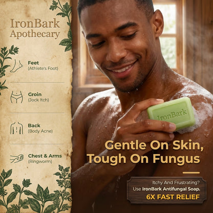 Ironbark Antifungal Soap Bar for Men by NAIA, shown in packaging with the soap bar and branding.