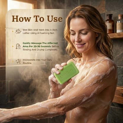 Women's Ironbark Antifungal Soap Bar by NAIA, showing the soap with packaging and natural ingredients.